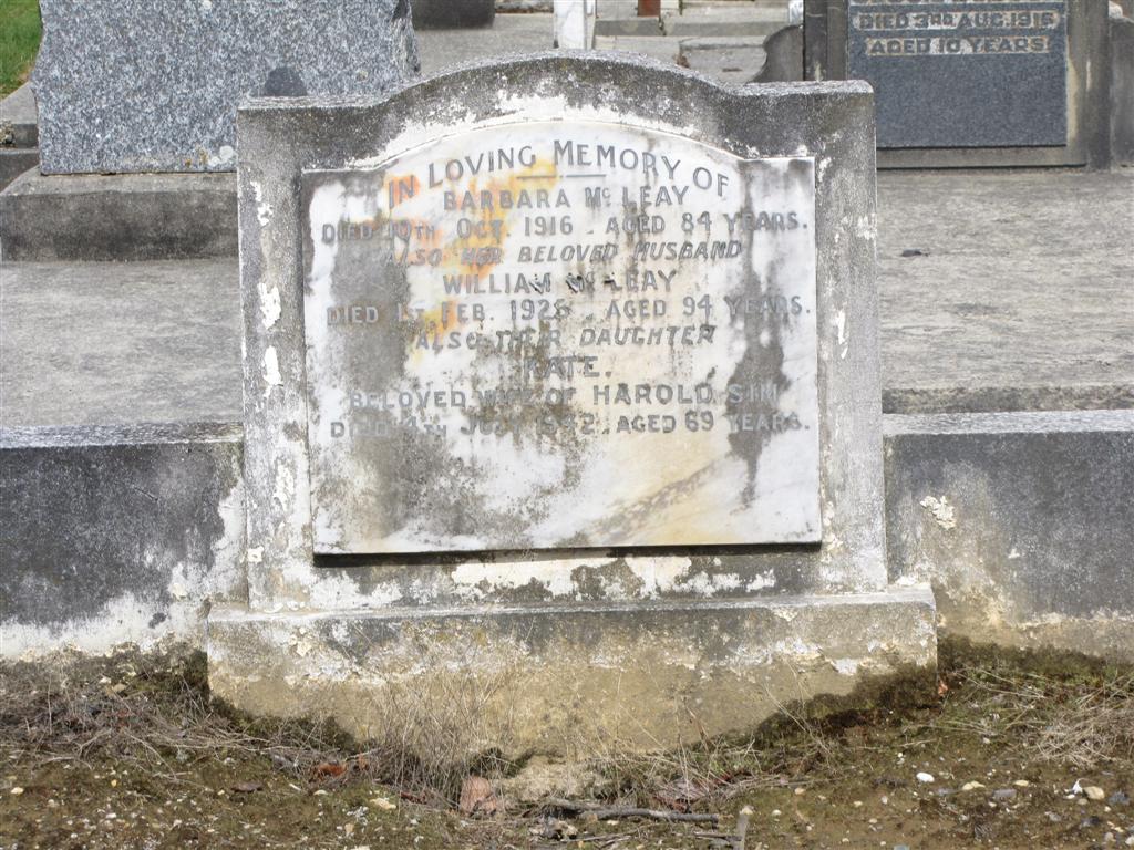Photo of headstones/William McLeay d1926 hdstn Invercargill Eastn